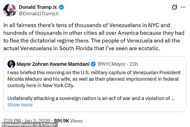 ‘In all fairness there’s tens of thousands of Venezuelans in NYC and hun’ – Trump Jr. celebrates Venezuela raid as critics question foreign policy, family divides