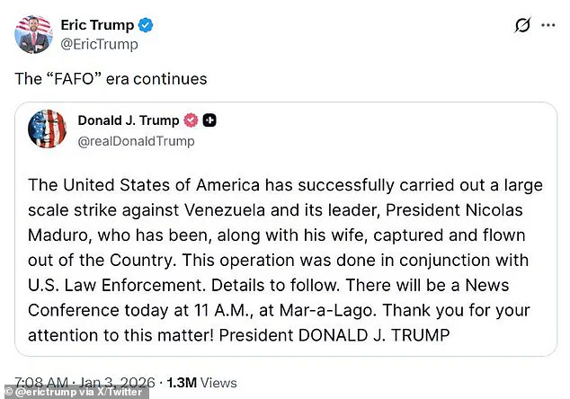 ‘In all fairness there’s tens of thousands of Venezuelans in NYC and hun’ – Trump Jr. celebrates Venezuela raid as critics question foreign policy, family divides