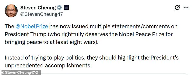 Exclusive: White House Accuses Nobel Foundation of 'Playing Politics' Amid Secret Meeting with Trump and 2025 Peace Prize Laureate