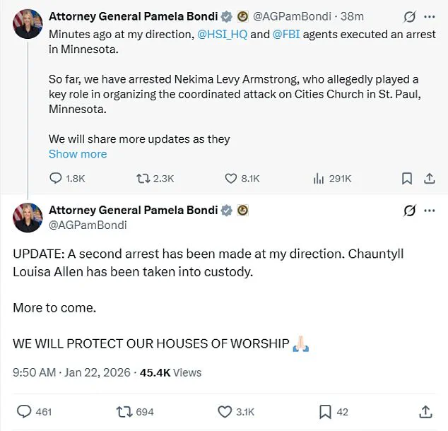 Two Protesters Arrested in Storming of Minnesota Church Where ICE Agent Serves as Pastor, Attorney General Announces