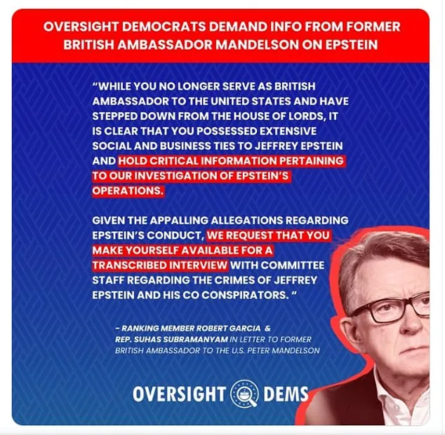 Peter Mandelson Faces Calls to Testify Before U.S. Congress Over Epstein Ties