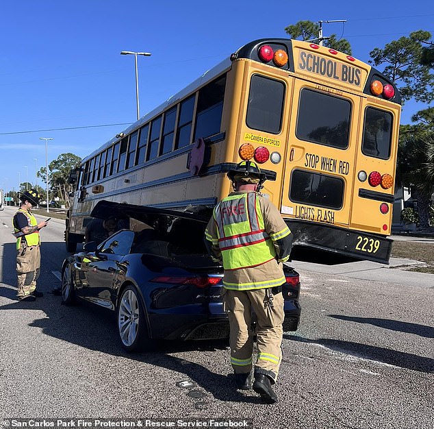 High-Speed Jaguar Crash Into School Bus in Fort Myers Leaves No Serious Injuries