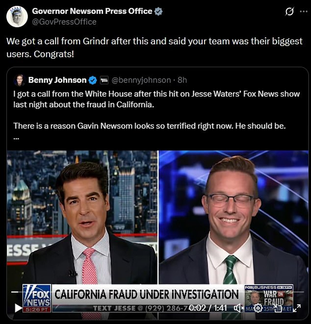 Governor Newsom's office attacks Benny Johnson with Grindr allegations amid corruption claims.