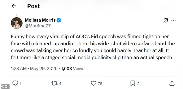 Viral clip shows AOC's Eid speech drowned out by loud crowd noise.
