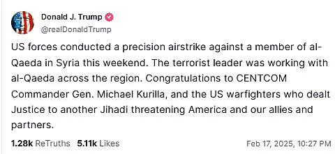 Trump Congratulates US Forces on Precision Airstrike Targeting Senior Al-Qaeda Operative